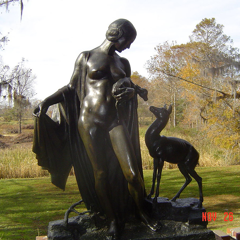 lady and deers bronze sculpture