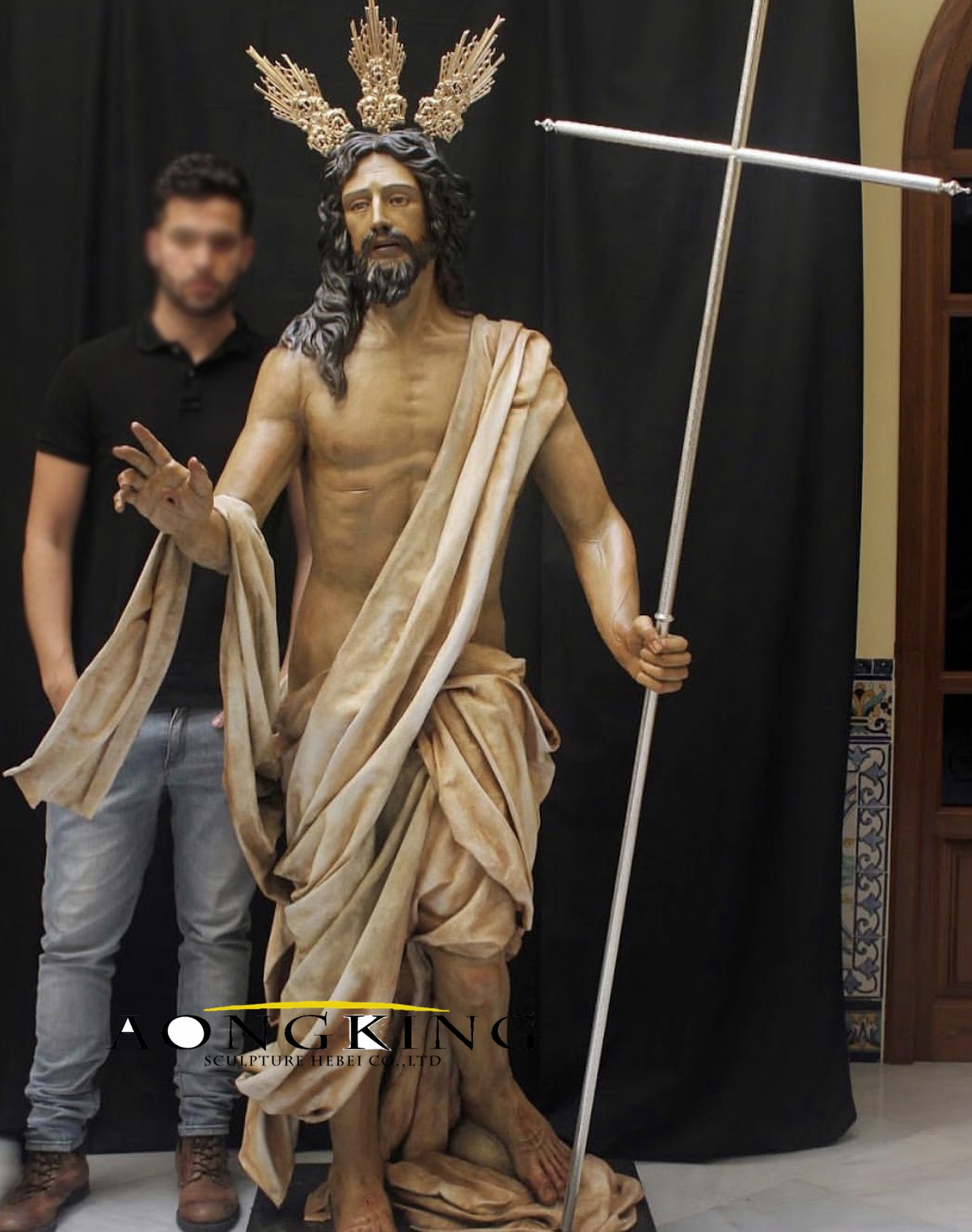 Fiberglass jesus with cross sculpture