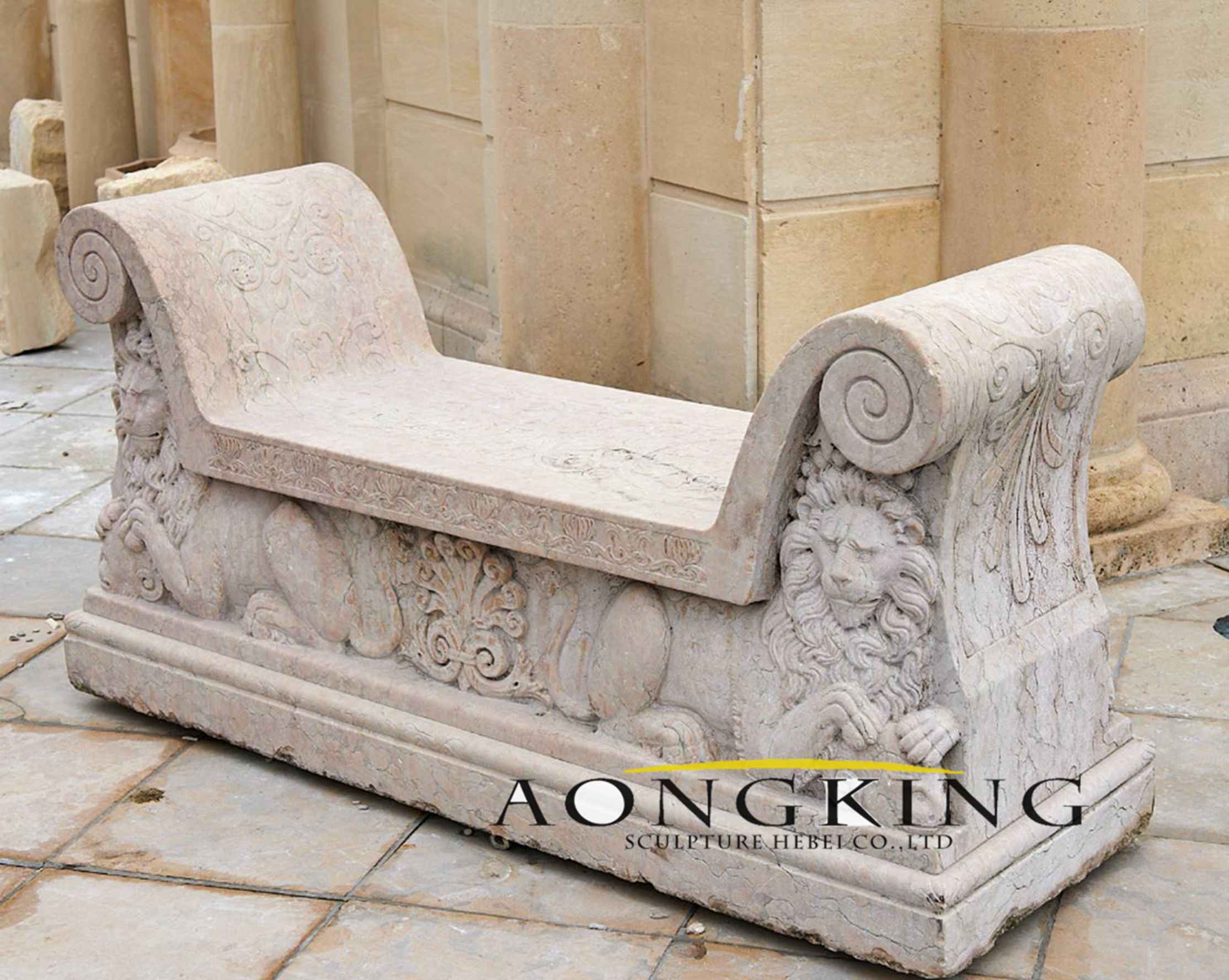 Italian Romanesque marble bench with lion relief