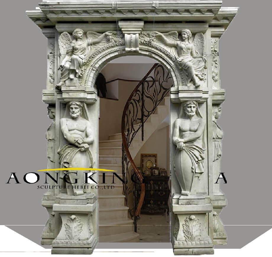 Modern European style hand-carved marble doorframe with Roman sculpture