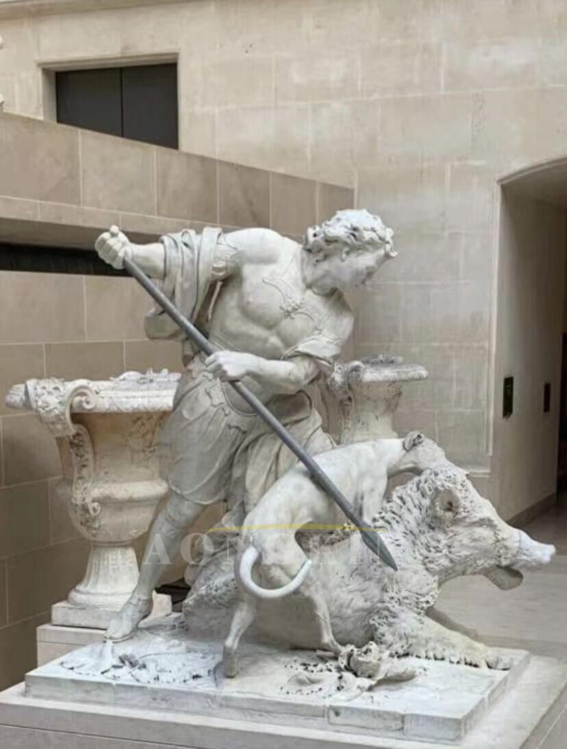 Chasseur terrasant un sanglier marble statue 1